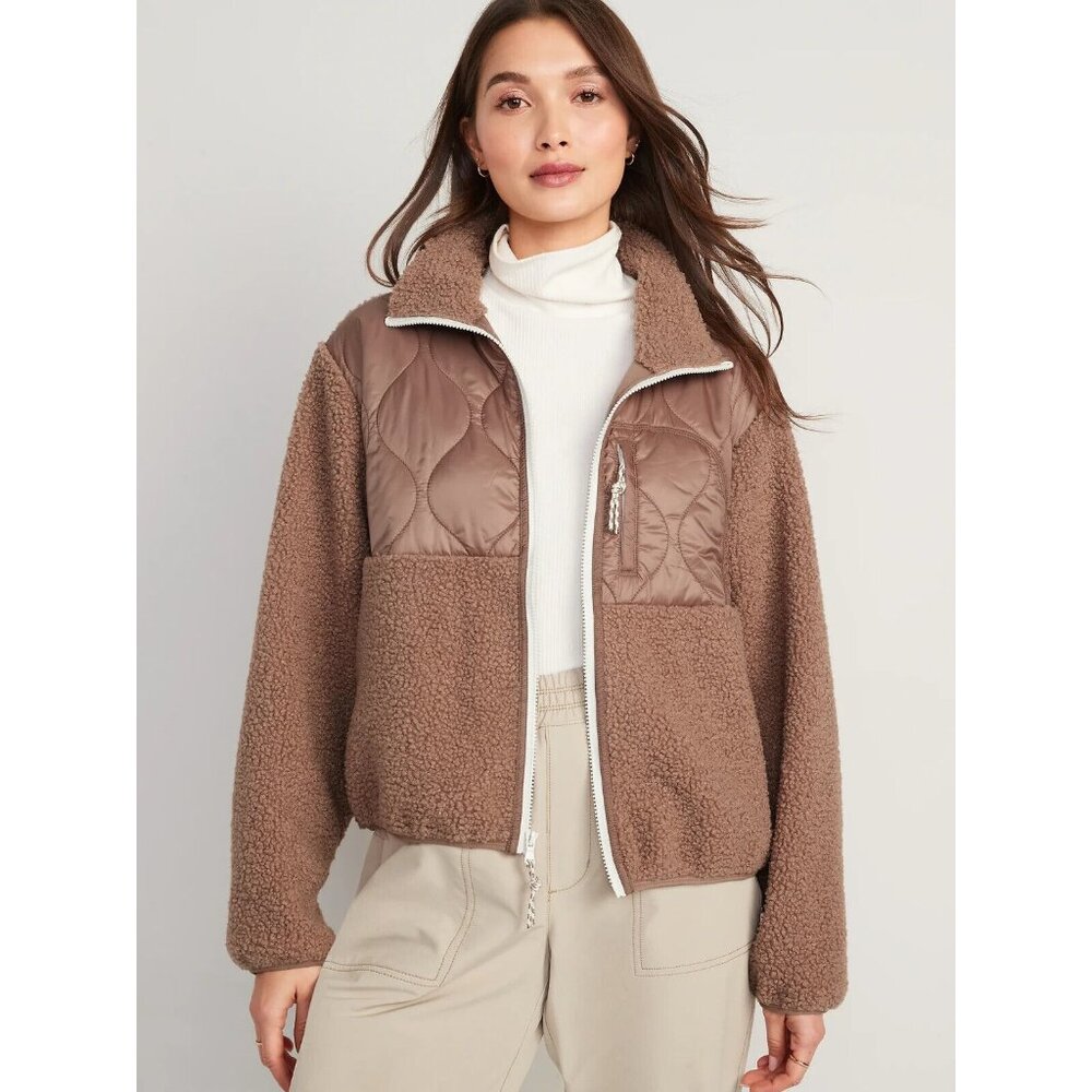 Old Navy Jacket Quilted Hybrid Sherpa Brown Full Zip Long Sleeve